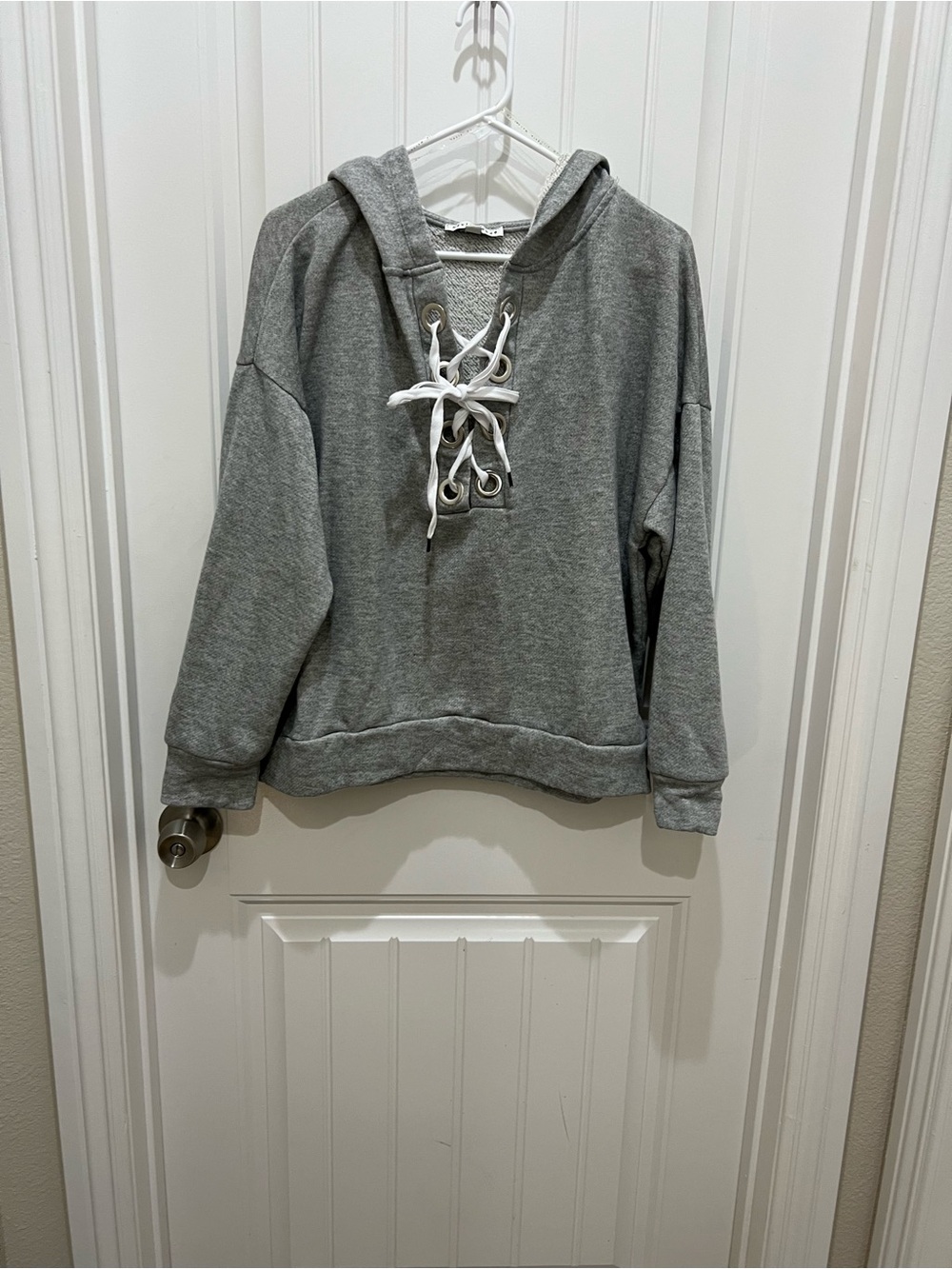 Haute Monde Light Gray Lace-Up Hooded Sweatshirt